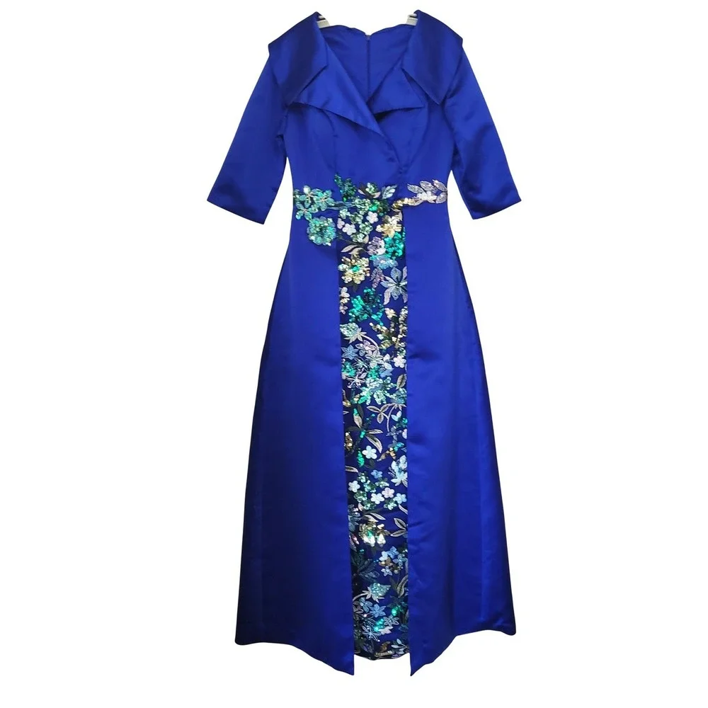 Glamora Royal Blue Satin Sheath Embroidered Sequin Gown Portrait Collar Train 8 - Picture 2 of 16